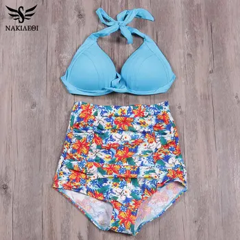 

NAKIAEOI 2019 New Bandage Sexy Bikini Women Swimsuit High Waisted Bathing Suit Push Up Bikini Set Print Plus Size Swimwear S~4XL