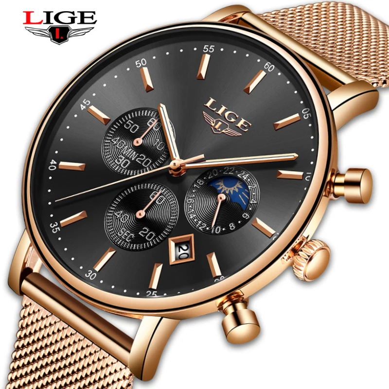 New LIGE Mens Watches Top Brand Luxury Fashion Ultra Thin Quartz Watch Men Moon Phase Business Clock Sport Waterproof Relojes