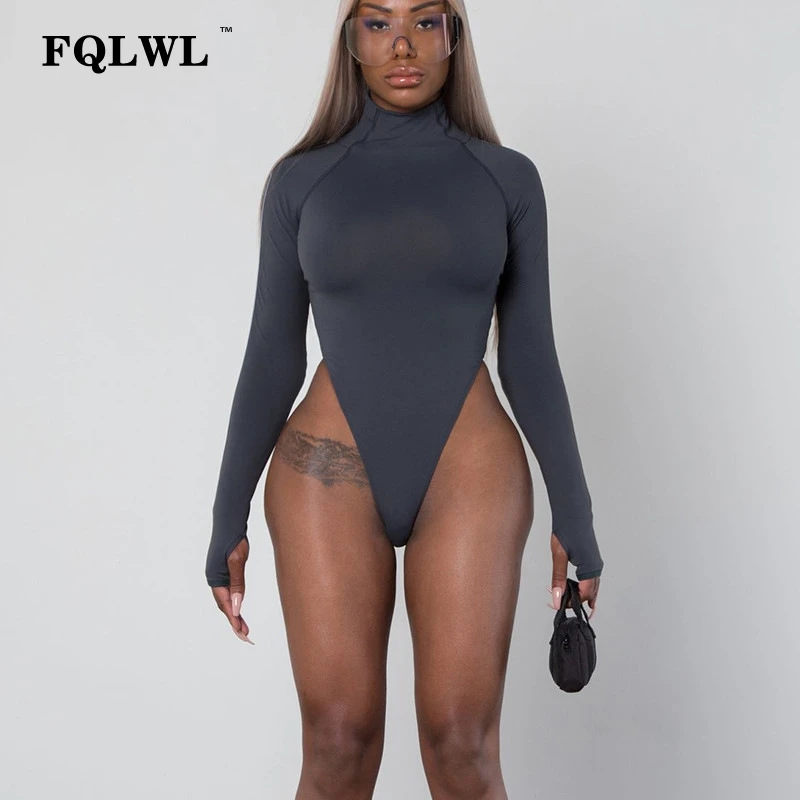 FQLWL, длинный рукав, черный сексуальный боди, женский комбинезон, Топики, обтягивающий, зеленый, водолазка, боди, осенний, Облегающий комбинезон для женщин игровая одежда - Цвет: Черный