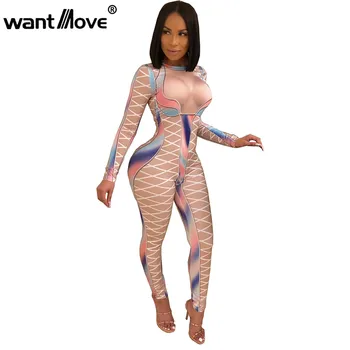 

Wantmove 2018 autumn European and American fashion jumpsuit sexy long-sleeved printed tight-fitting hip jumpsuit pants WM424