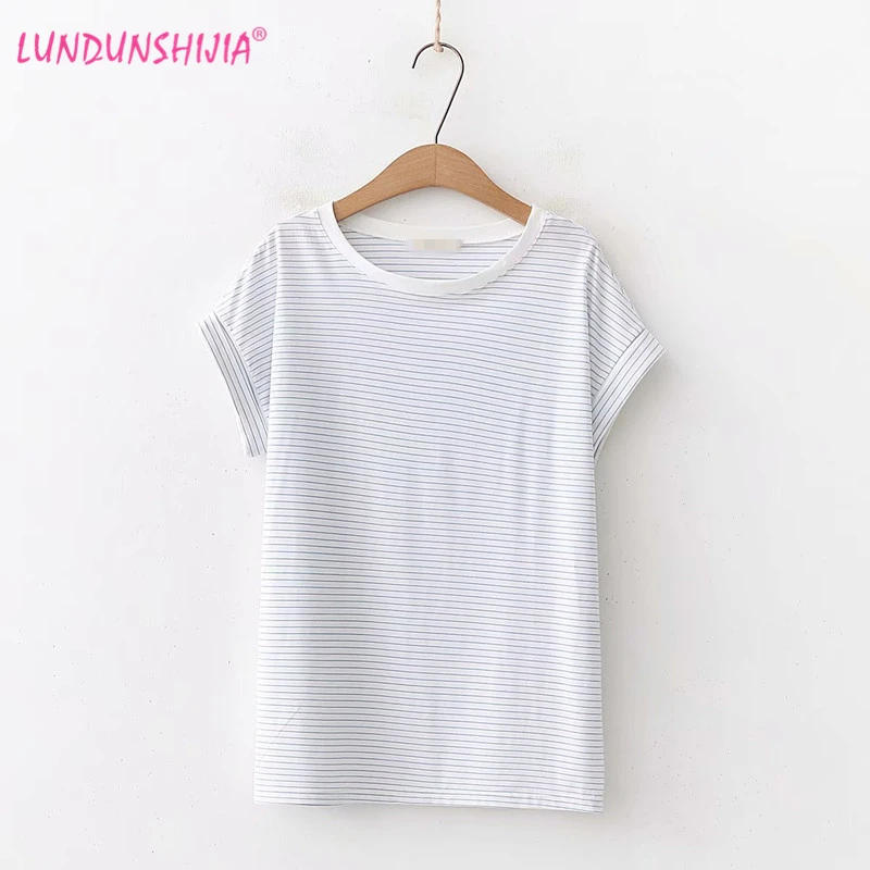 

LUNDUNSHIJIA 2019 Women Summer Tees Top Short Sleeve Loose T-shirt For Women Blue Stripe Cotton Female T-shirt