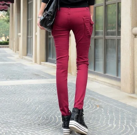 Женские узкие джинсы в стиле панк на молнии, черные, серые, красные узкие джинсовые штаны, Женские винтажные сексуальные джинсы в стиле хип-хоп - Цвет: Красный