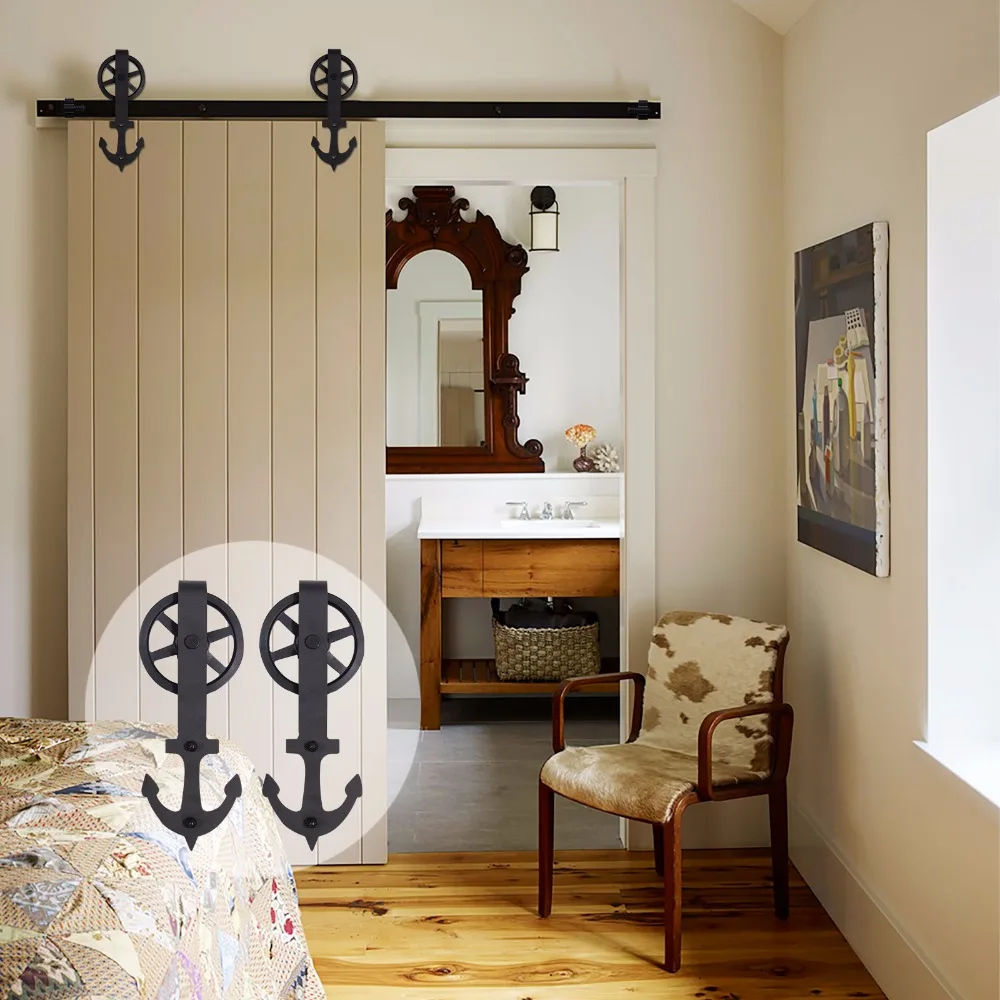 LWZH Closing Antique Style Steel Sliding Barn Door Hanger Track Hardware Kit Black Anchor Shaped with Big Roller for Single Door