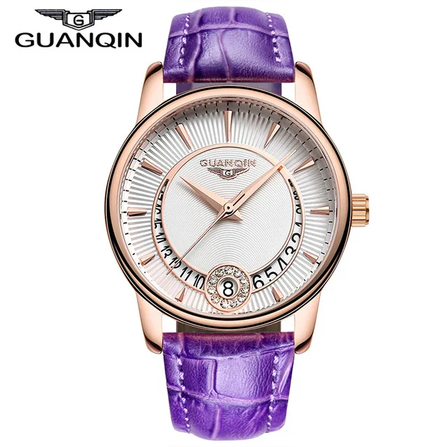 GUANQIN новые женские s часы лучший бренд Роскошные хрустальные часы модные женские кожаные часы для свиданий кварцевые наручные часы reloj mujer - Цвет: purple B