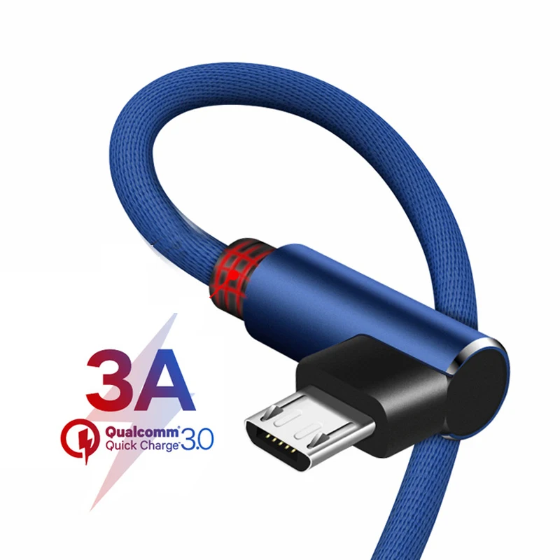 

90 Degree Micro USB Cable 3A Fast Charger USB Cord elbow Nylon Data Cable for Samsung Sony Xiaomi Android Phone Line Power Bank