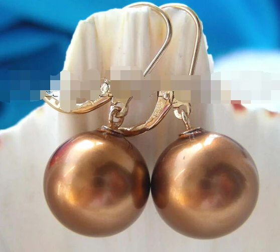 

wb002 Natural 14mm Round coffee Sea Shell Pearl Earrings 14k!