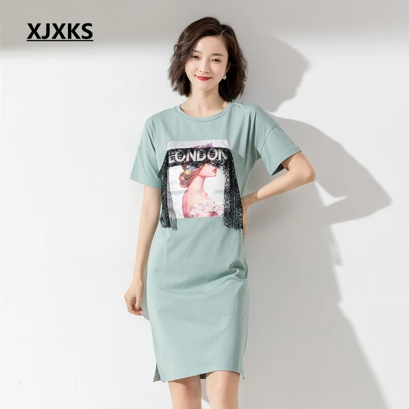 

XJXKS Summer Dress 2019 Modis Thin Printing Lace Letter Young Women Dress Cotton Comfortable Korean Style Casual Ladies Dresses