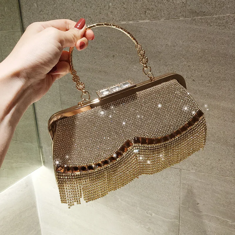 2019 Women's Crystal Evening bag Retro Beaded Clutch Bags Wedding Diamond Lock Bag Rhinestone Chain Tassel Shoulder Bags 135