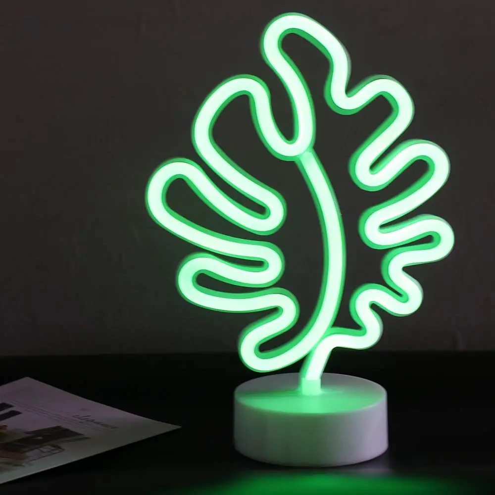 

DELICORE Monstera Shape LED Neon Night Light with Base Green Coconut Tree USB&Battery Powered Table Lamp for kids room holiday