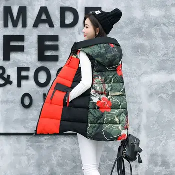 

Brieuces autumn winter new for women zipper cotton vests Female long hooded printing Big pocket jacket parkas