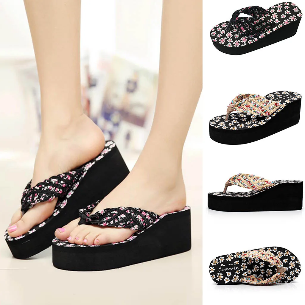 

JAYCOSIN 2019 Slippers Women Ladies Girls Wedges Floral Flip Flops Sandals Summer Slippers Beach Flip Flop Shoes