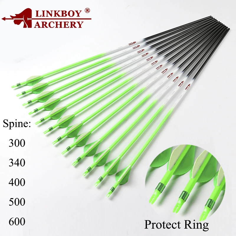 12pcs Linkboy Archery Carbon Arrows Shaft 30"/32" Spine Recurve 300 600 ID6.2mm Protect Ring