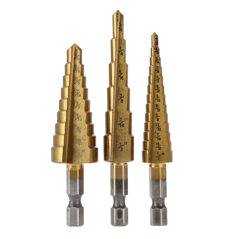 

3Pcs HSS Steel Titanium Step Drill Bits 3-12mm 4-12mm 4-20mm Step Cone Cutting Tools Steel Woodworking Wood Metal Drilling Set
