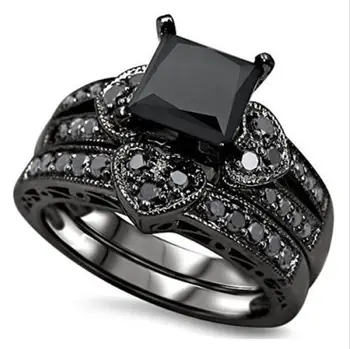 

Size5-11 Amazing Jewelry 10kt black gold filled Black 5A CZ 2IN1 2pcs Simulated stones Wedding Women Engagement Bridal Ring gift