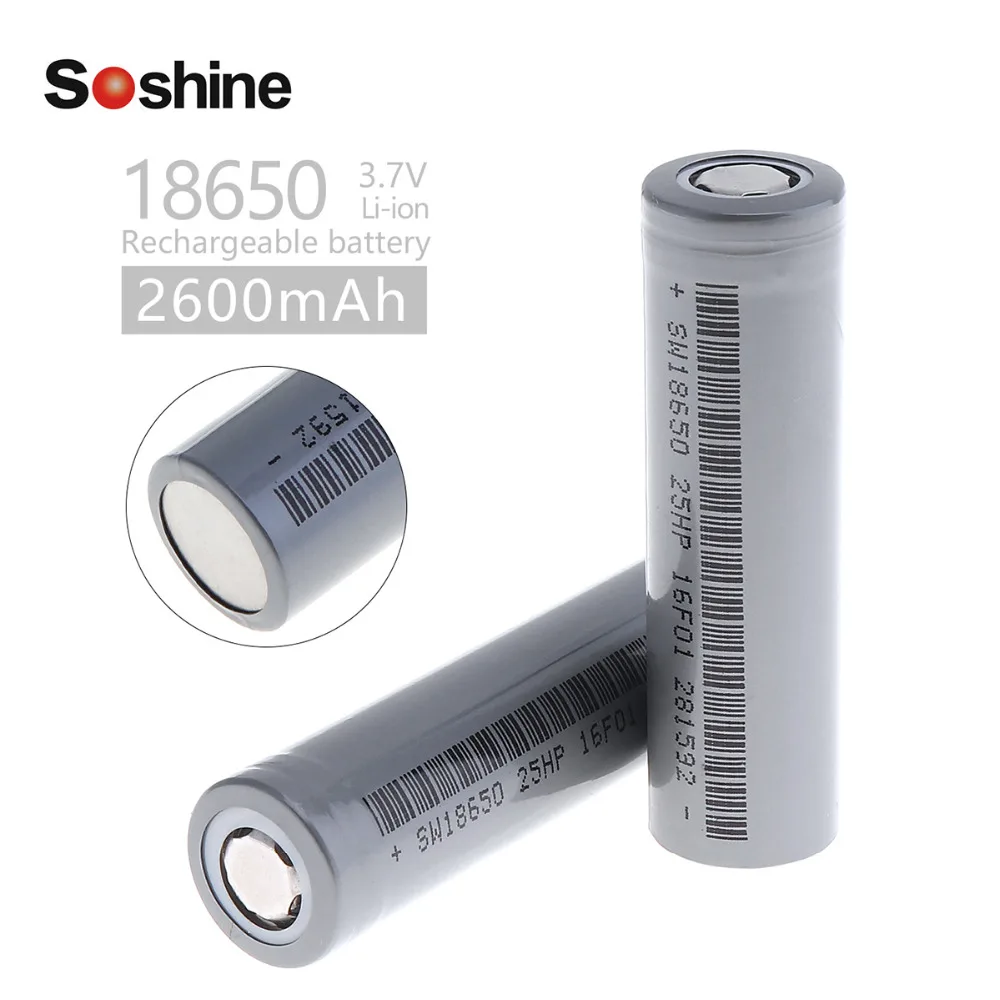 2pcs Soshine 18650 Battery 3.7V 2600mAh Li-ion Rechargeable Batteries with 1000 Cycle for Flashlight Headlamp Bicycle Lamp | Электроника