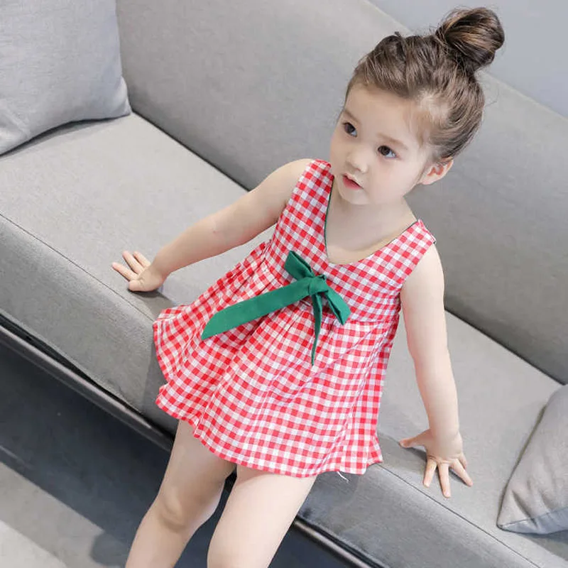 

New girls one-piece dress Children summer clothes princess sleeveless plade dresses kids clothing