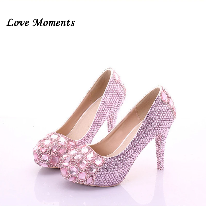 

Love Moments pink crystal shoes bridesmaid Wedding shoes Woman dress high heeled platform shoes for woman Round Toe High shoes