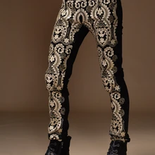 Роскошные золотые Вышивка Stretch Straight Брюки для девочек костюмы Для мужчин певцов DJ DS этап узкие штаны в стиле панк-рок Мотобрюки