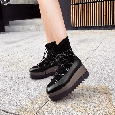 

European and American sponge cake with square head women's shoes plus velvet wedge with thick bottom stovepipe lace women's boot