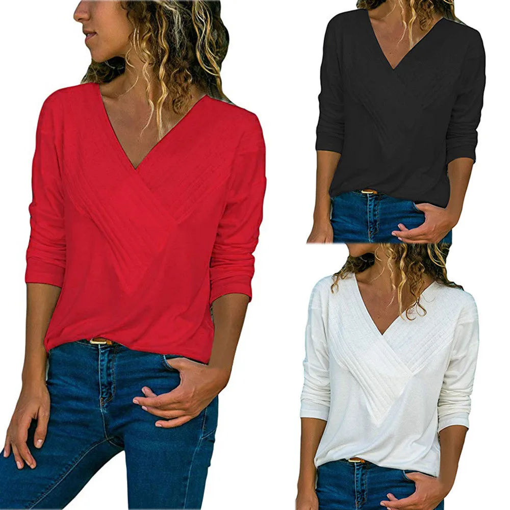 

Shirt Women Solid Blouse Women's Casual Wrap Front V Neck Long Sleeve Loose Fit Basic Blouse Shirt Tops Clothes For Women