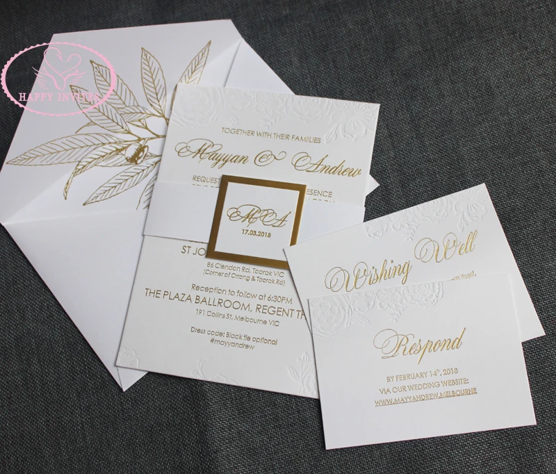 HI1134 - 03 Top Grade  Customized Elegant White Invitation CARD made of 1800 GSM Cotton Paper with Gold Letterpress