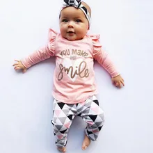 Одежда для маленьких девочек; осенний комплект из 3 предметов для новорожденных; хлопковая Футболка и штаны; повязка на голову; осенняя одежда; комплект одежды для маленьких девочек