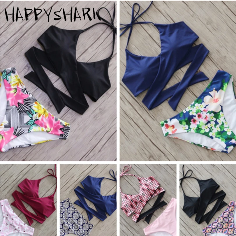 Wrap Body Bikinis Set 2018 New X Cross Bandage Halter Swimwear High Waisted Floral Printed Solid Strappy Push Up Swimsuit XL |
