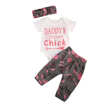 

Letter Casual Print Flower Stock Newborn Baby Girls Top Romper Cotton Pants Floral Outfits Clothes Set