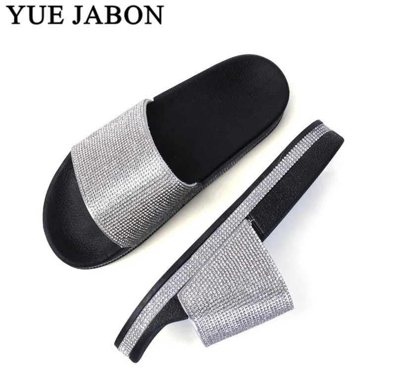 Zapatillas con diamantes de imitación para mujer, chanclas negras,  sandalias de playa con diamantes de cristal, zapatos informales sin  cordones, plateados y dorados|Zapatillas| - AliExpress