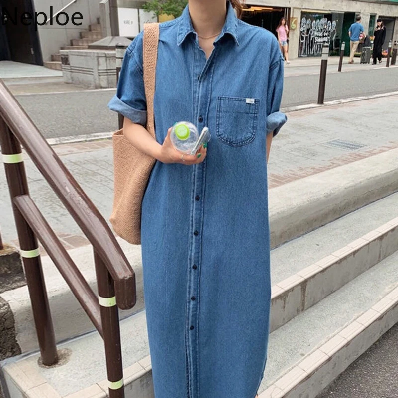 

Neploe Vintage Single Breasted Demin Dress Korean Causal Turn Down Collar Cowboy Vestidos Thin Oversized Washed Dresses 53034