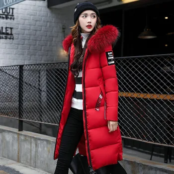 

Patch Designs Women Winter Jacket Padded Long Parkas with Big Hooded Raccoon Fur Slim Jaqueta Feminina Inverno Large Size DJ28