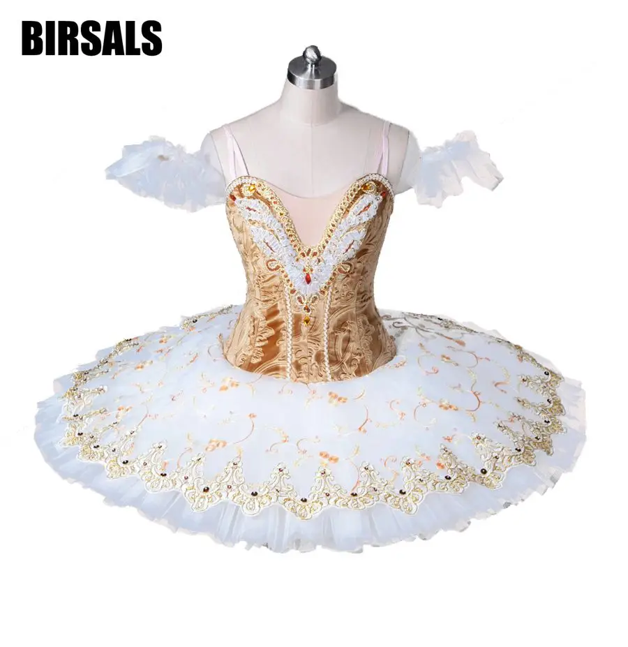 Adult Professional Ballet Tutus Gold White Pancake Tutu Skirt Ballerina Professional Ballet Tutu Stage Costume For WomenBT8971A