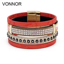 VONNOR Jewelry Women Bracelet Multilayer Leather Rhinestone Accessories Female Bracelets & Bangles with Magnetic Clasp