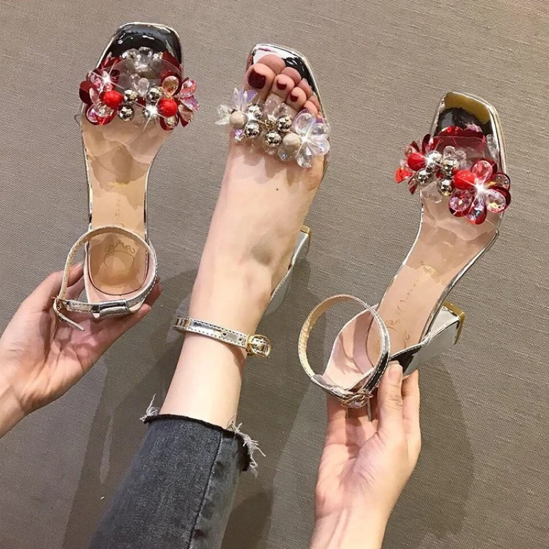 

Summer new transparent with high heels fairy shoes summer flowers open toe word buckle female sandals women's shoes