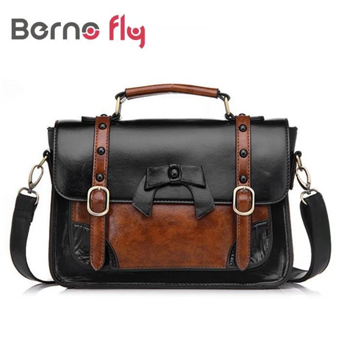 ФОТО BERNO FLY brand Women satchel handbags Solid Shoulder messenger bags  for Ladies PU leather tote bag casual patchwork bag