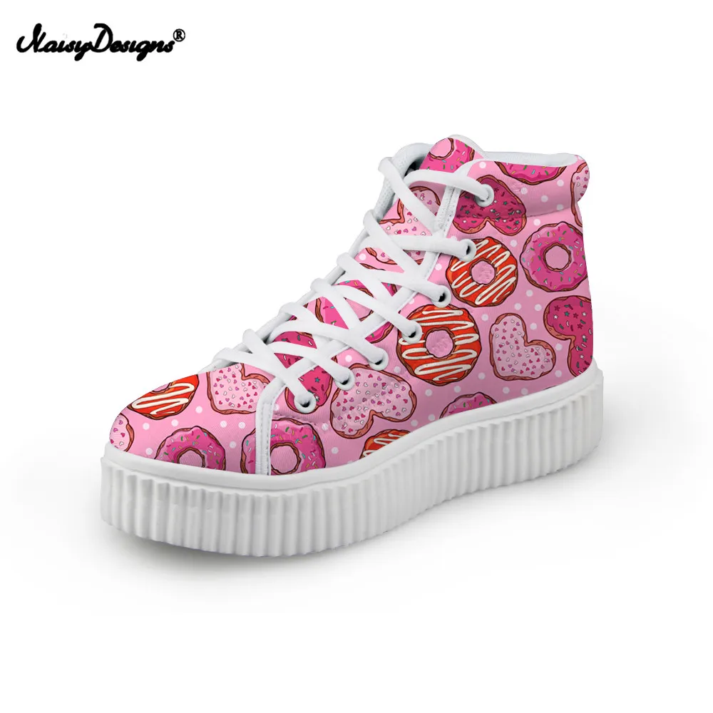 

NOISYDESIGNS Pink Donut Cake Print High Top Platform Women Shoes In 2018 Chocolate 3D Pattern Female Sneakers girls boots shoes
