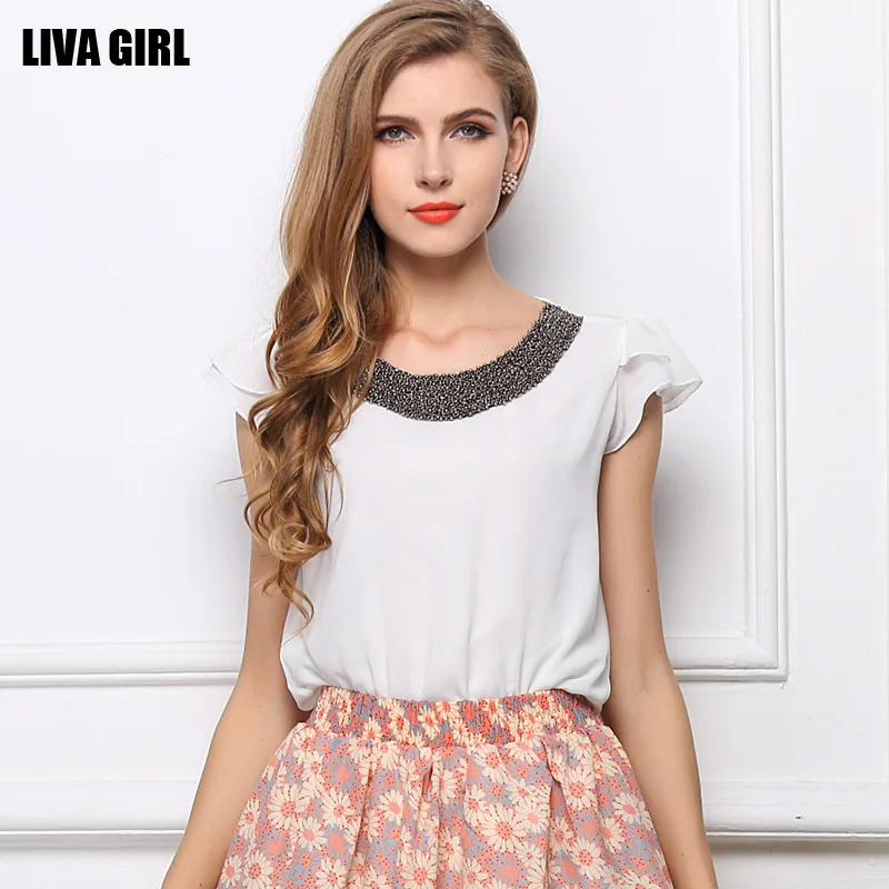 2014 summer new European thin vests handmade short sleeve chiffon shirt plus size larger yards