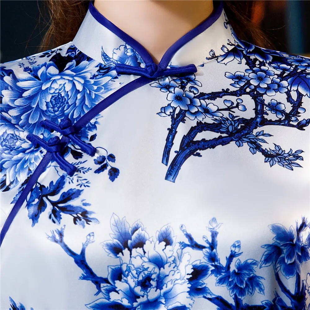 Шанхай история короткий рукав Qipao длинное китайское платье Весна Cheongsam синий и белый фарфор печати Qipao платье для женщин