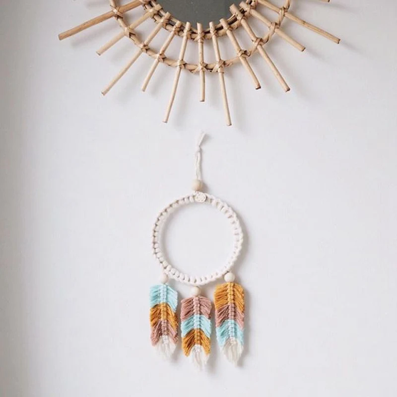 

Nordic Room Decor Scandinavian Wind Chimes Braided Dreamcatcher Circle feather Dream Catchers Hanging Kids Decor