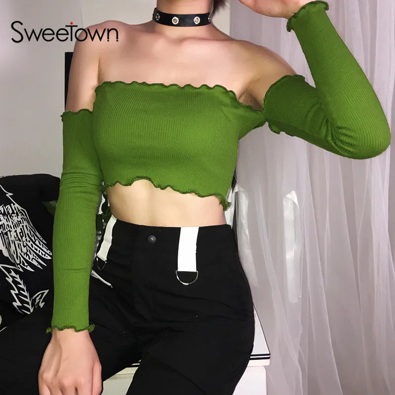 

Sweetown Slash Neck Sexy Off Shoulder Summer Tops For Women Slim Long Sleeve Cute Ruched Basic Short T Shirts Women 2019 Summer
