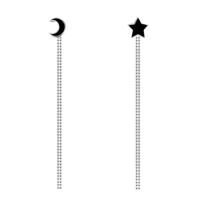 

VOJEFEN 925 Sterling Silver Black Crystal Star Moon Tassel Earrings for Women Teen Girls Threader Earrings Chain