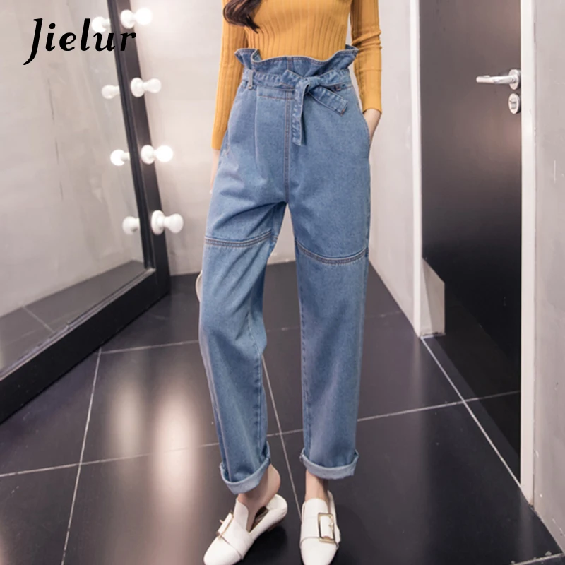 

Jielur 2019 Autumn Kpop Oversized L-3XL Blue Jeans Woman Street Fashion Loose Jeans Sashes Elastic Waist Cool Trousers for Women