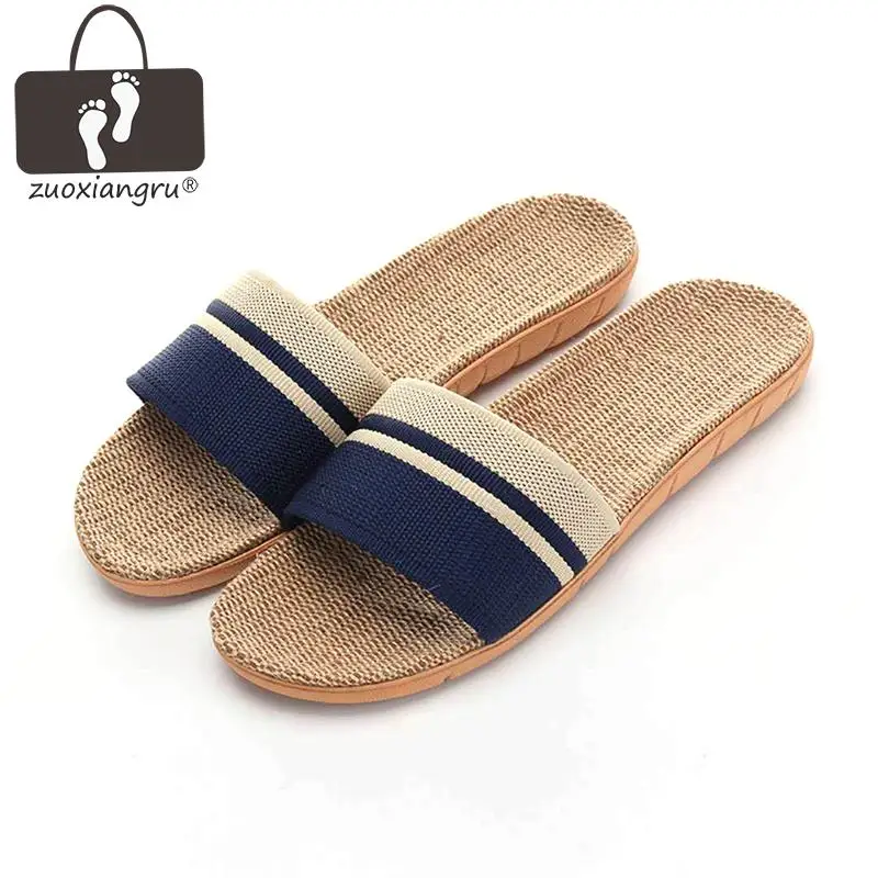 preço Zuoxiangru New Men Anti slip Linen Home Indoor Chinelos de Verão Chinelos de Dedo Aberto Apartamentos Sapatos Homens Cores Misturadas Listrado