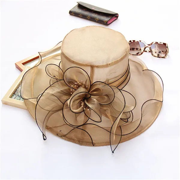Женская церковная Дерби платье чародейная шляпка невесты Британский Чай Вечерние Свадебная шляпка Формальные Кентукки шляпа котелок Панамы с широкими полями - Color: Brown