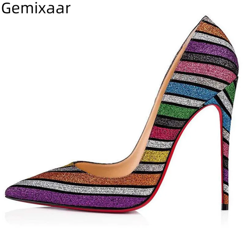 

Autumn Chic Bling Women Pumps Point Toe Slim Shallow High Gladiator Heels Outdoor Footwear Colorful Fringes Woman Pumps Mujer 42