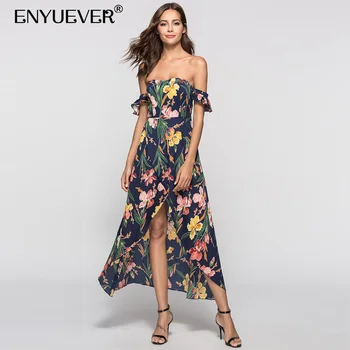 

Enyuever Summer Boho Dress Beachwear Women Clothes Off Shoulder Slit Print Vestido Casual High Low Bohemian Dress Party Jurken