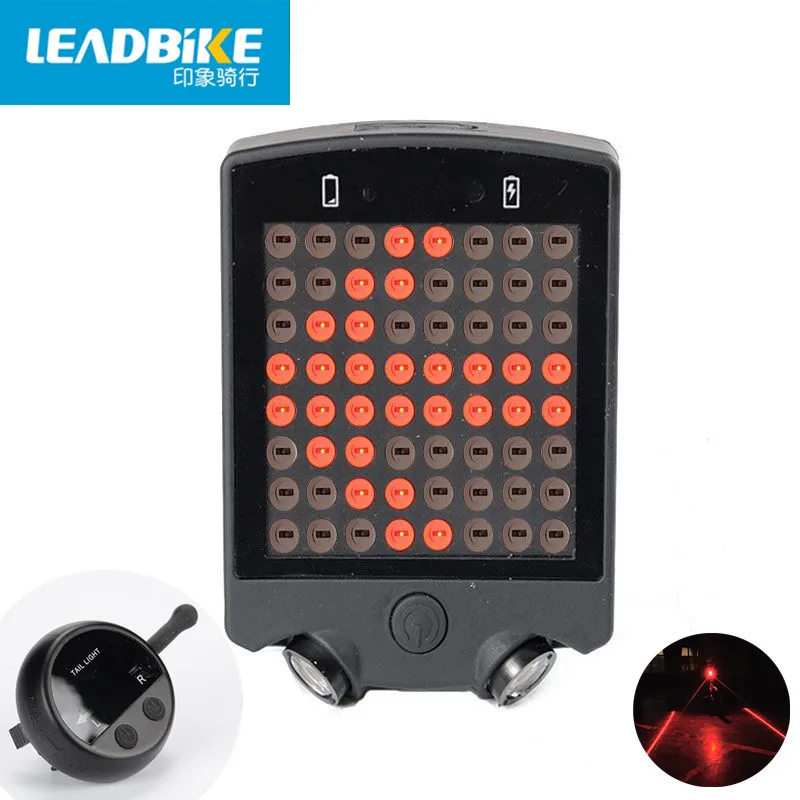 Leadbike 64 LED լազերային հեծանիվով հետևի պոչի լույսը USB վերալիցքավորվում է անլար հեռավոր հեծանիվով շրջադարձային ազդանշաններով Անվտանգության նախազգուշացման լույսով