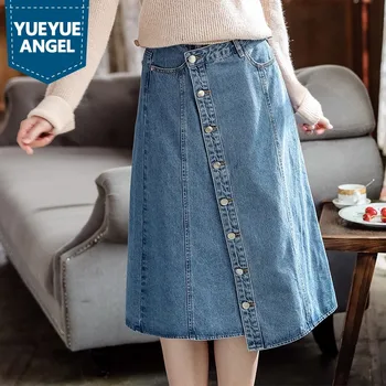 

New Winter Womens Jean Skirts Harajuku Skirts Fashion Solid Single Breasted Denim Skirts Female Slim Fit High Waist Skirts