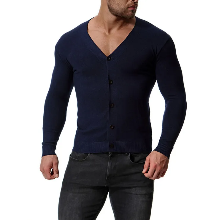 Europe and America V-Neck Cotton Sweater Men New Arrival Slim Fit Cardigan Knitwear Fashion Sweatercoat Male Knitted Clothing - Цвет: Синий