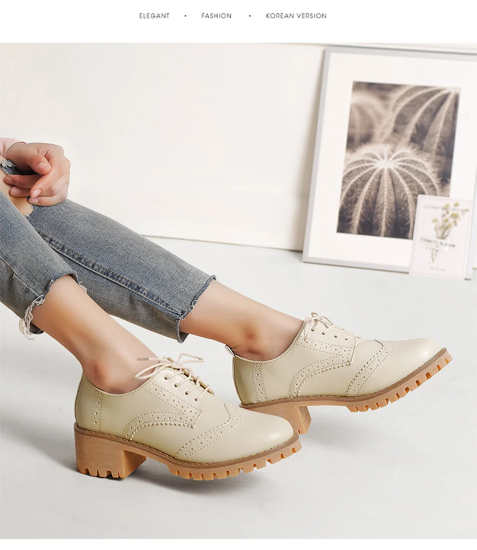 Women Oxfords Shoes Handmade Lace-up Round Toe Thick Heel Leisure Comfortable and Soft Office Lady Shoes